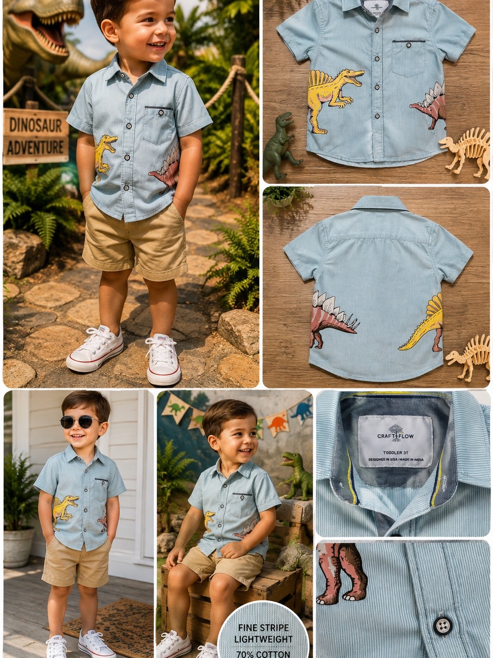 Craft + Flow Shirt Boys 3T Blue Dinosaur Button Down Spinosaurus Stegosaurus Top